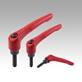 Clamping levers, steel, with external thread, ruby red, threaded insert, black oxidised steel