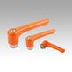 Clamping levers, die-cast zinc, flat with internal thread, pure orange satin finish, threaded insert stainless steel