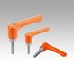 Clamping levers, die-cast zinc, flat with external thread, pure orange satin finish, threaded insert stainless steel
