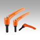 Clamping levers, die-cast zinc, with external thread and protective cap, pure orange satin finish, threaded insert black oxidised steel