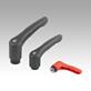 Clamping levers, plastic, with internal thread and safety function, threaded insert blue passivated steel