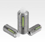 Spring plungers with hex socket and flat POM thrust pin, stainless steel, with thread lock