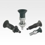 Indexing plungers, steel or stainless steel with plastic mushroom grip and extended indexing pin