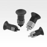 Indexing plungers, steel or stainless steel for thin-walled parts, with plastic mushroom grip
