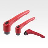 Clamping levers, steel, with internal thread, ruby red, threaded insert black oxidised steel