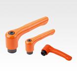 Clamping levers, die-cast zinc, flat with internal thread, pure orange satin finish, threaded insert black oxidised steel
