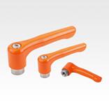 Clamping levers, die-cast zinc, flat with internal thread, pure orange satin finish, threaded insert stainless steel
