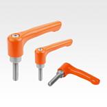 Clamping levers, die-cast zinc, flat with external thread, pure orange satin finish, threaded insert stainless steel