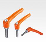 Clamping levers, die-cast zinc, with external thread and protective cap, pure orange satin finish, thread insert stainless steel