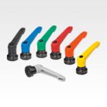 Clamping levers, plastic with internal thread and clamping force intensifier, threaded insert black oxidised steel