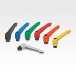 Clamping levers, plastic, with internal thread and zinc toothed ring, threaded insert black oxidised steel