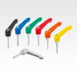 Clamping levers, plastic, with external thread and zinc toothed ring, threaded insert blue passivated steel