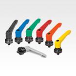 Clamping levers, plastic with external thread and clamping force intensifier, threaded insert black oxidised steel