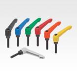 Clamping levers, plastic, with external thread and zinc toothed ring, threaded insert black oxidised steel