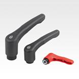 Clamping levers, plastic with internal thread and safety function, thread insert stainless steel