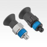 Indexing plungers, steel or stainless steel, short version with plastic mushroom grip and thread lock