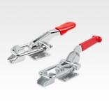 Horizontal latch clamps, steel or stainless steel, with catch plate and red plastic grip