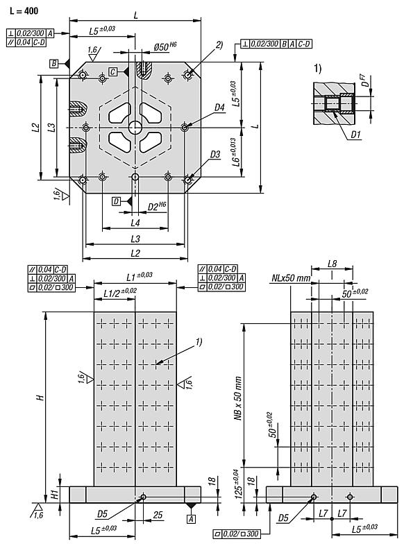 Clamping towers, grey cast iron, 6-sided, with grid holes