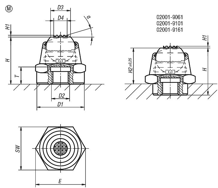 Kendinden ayarlanan destekler, eğim açısı 14° ve 20°, Form M, yassı küre, tırtıllı, sert metal