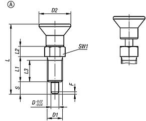 Indexing plungers, steel or stainless steel, with plastic mushroom grip and extended indexing pin, no locking slot or locknut - inch