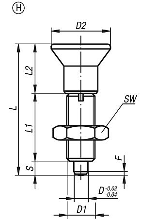 Indexing plungers, steel or stainless steel, without collar, with plastic mushroom grip, extended indexing pin and locknut - inch