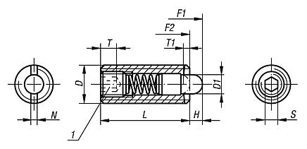 Spring plungers with hexagon socket and thrust pin, steel, standard spring force