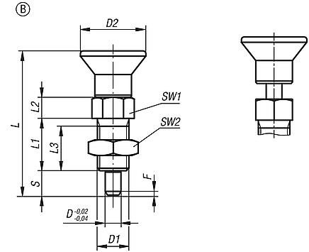 Indexing plungers, steel or stainless steel with plastic mushroom grip, extended locking pin, no locking slot, with locknut