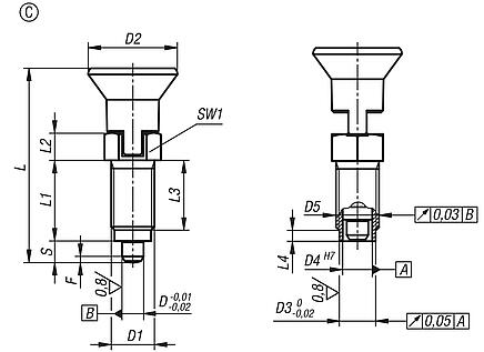 Premium - Indexing plungers, steel or stainless steel with plastic mushroom grip, cylindrical indexing pin and locking slot