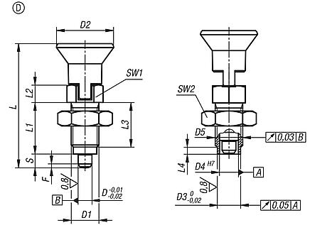 Premium - Indexing plungers, steel or stainless steel with plastic mushroom grip, cylindrical indexing pin, locking slot and locknut