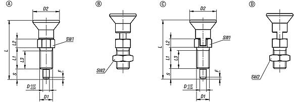 Indexing plungers, steel or stainless steel with plastic mushroom grip and extended indexing pin - inch