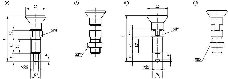 Indexing plungers, steel or stainless steel with plastic mushroom grip and extended indexing pin