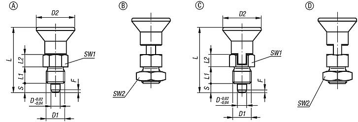 Indexing plungers, stainless steel short version with stainless steel mushroom grip