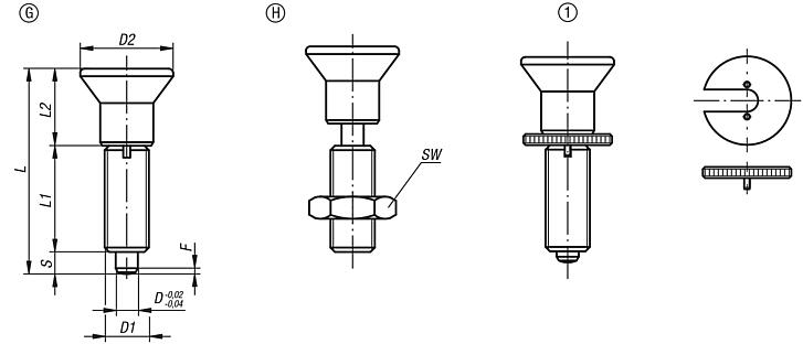 Indexing plungers, steel or stainless steel, without collar, with plastic mushroom grip