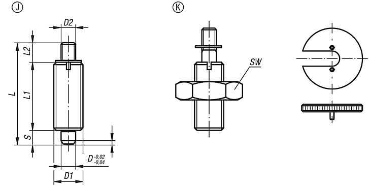 Indexing plungers, steel or stainless steel without collar, with threaded pin