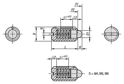 Spring plungers with slot and thrust pin, steel, with thread lock