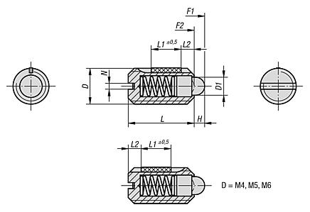 Spring plungers with slot and thrust pin, stainless steel, with thread lock