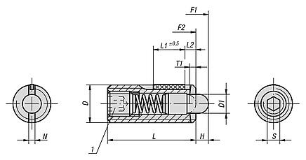 Spring plungers with hex socket and thrust pin, steel, with thread lock - inch