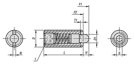 Spring plungers with hexagon socket and thrust pin, stainless steel