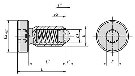 Spring plungers with head and ball, steel or stainless steel