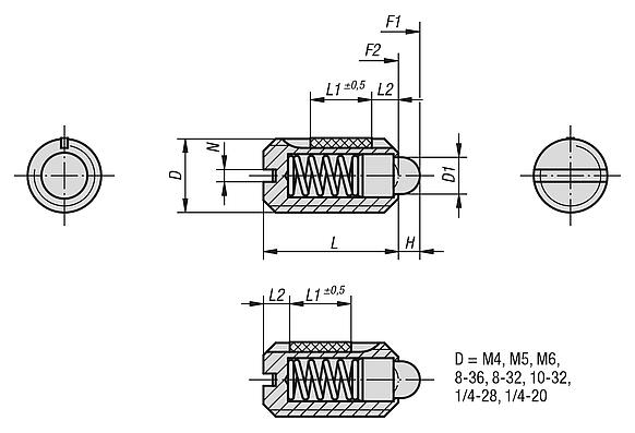 Spring plungers with slot and thrust pin, steel, with thread lock - inch