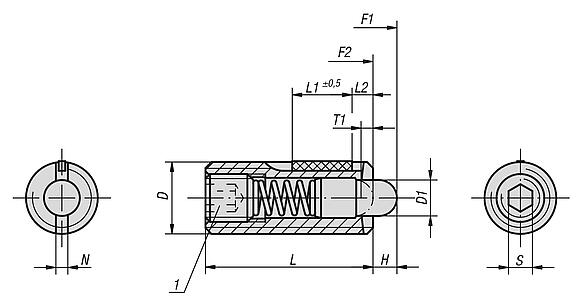 Spring plungers with hex socket and POM thrust pin, steel, with thread lock - inch