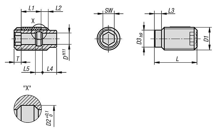 Locating bushes for ball lock pins, with thread lock