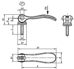 Cam levers, aluminium, with external thread, plastic-metal thrust washer and steel or stainless steel stud - inch