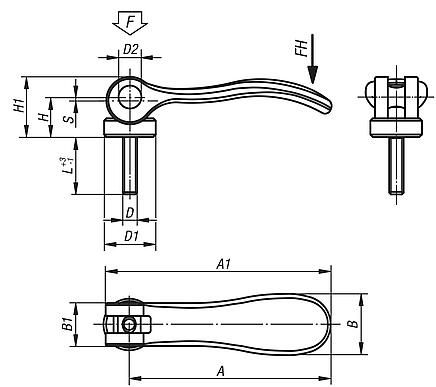 Cam levers, steel with external thread, plastic thrust washer and steel stud