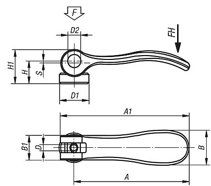 Cam levers, steel with internal thread, plastic thrust washer