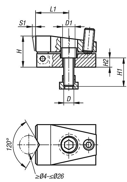 Side clamps, steel, for T-slots, Form B, with prism jaw