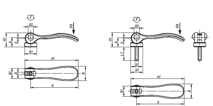 Cam levers, steel with internal or external thread, plastic thrust washer and steel stud