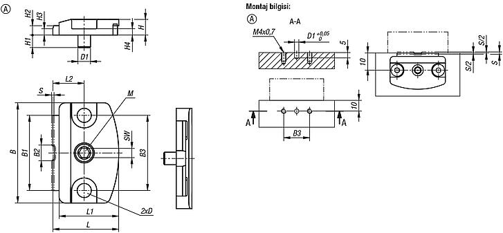 Yassı bağlama elemanı, eksantrik ile, form A, montaj pimli