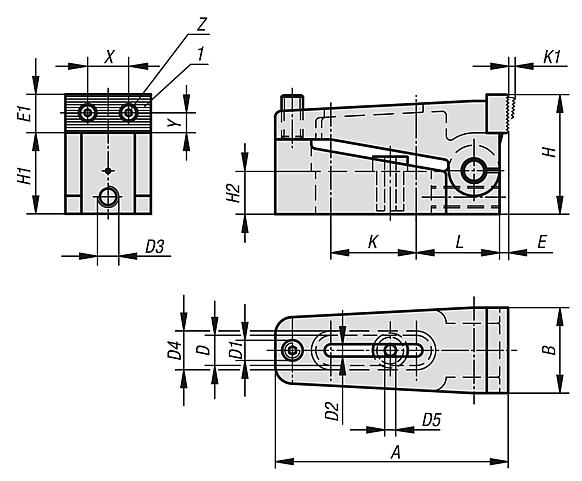 Side clamps, steel with elongated holes, jaws serrated
