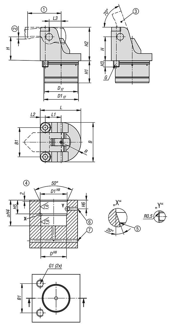 Rotary lever clamps, pneumatic double-acting